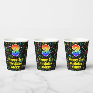 3rd Birthday: Fun Music Notes Pattern, Rainbow 3 Paper Cups
