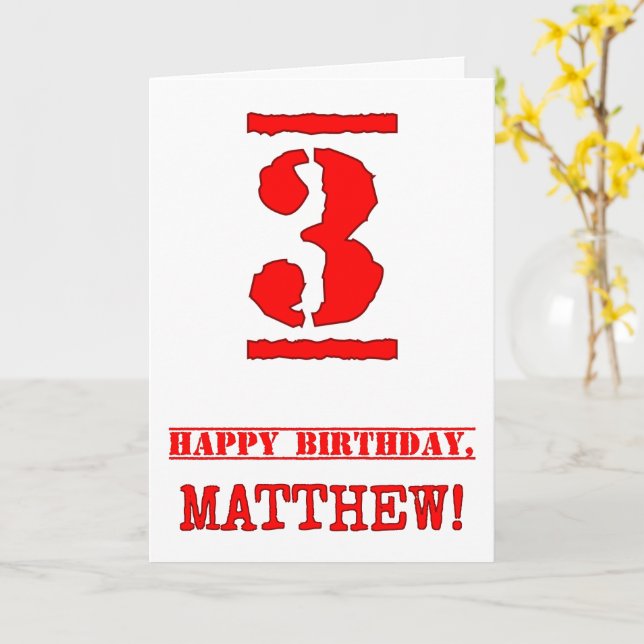 3rd Birthday: Fun, Red Rubber Stamp Inspired Look Card (Yellow Flower)