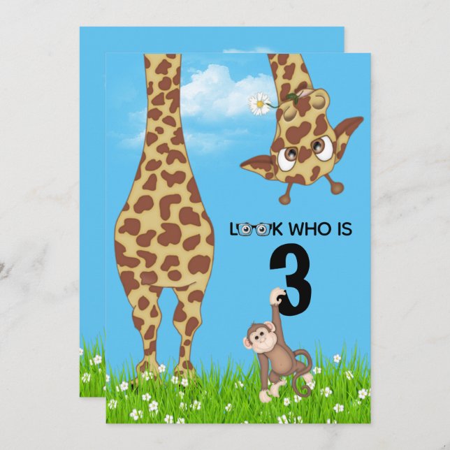 3rd Birthday Giraffe and Monkey in Grass   Invitation (Front/Back)