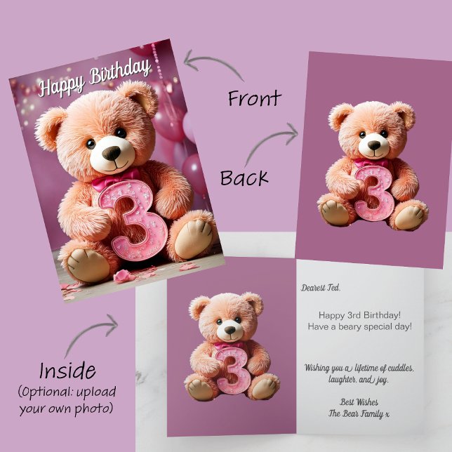 3rd Birthday Girl Cute Teddy Bear & Balloons Card (Baby girl 3 third birthday card. Cream teddy bear holds number 3. Pink party balloons)