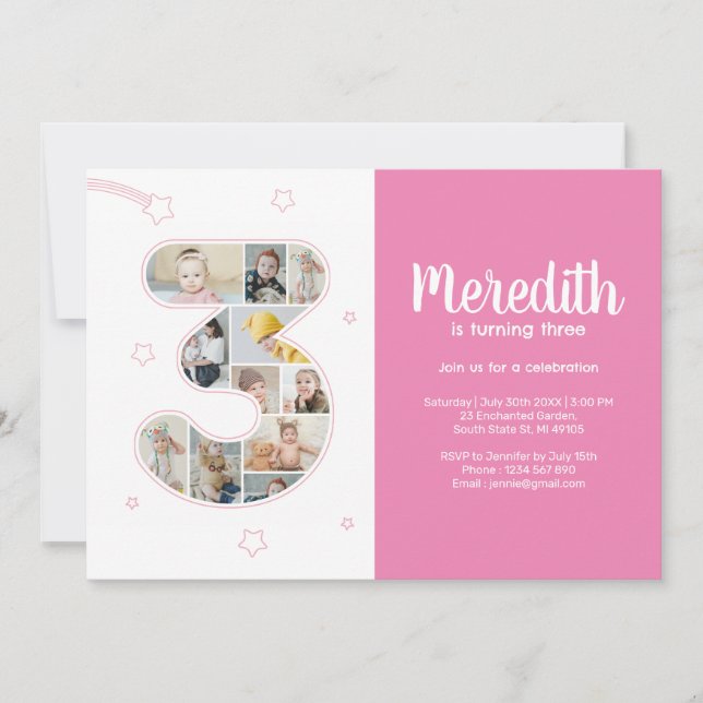 3rd Birthday Girl Number 3 Custom Photo Collage Invitation (Front)