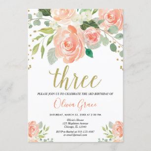 3rd birthday girl peach coral floral girl invitation