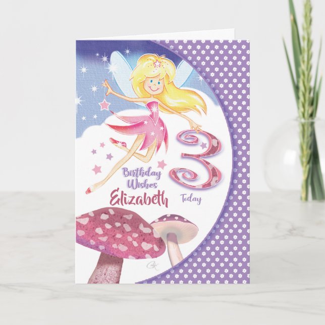 3rd Birthday Girl, Pretty Pink Fairy & Mushroom Card (Front)