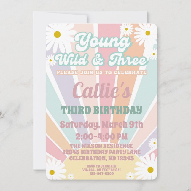3rd Birthday Girl Retro Hippy Sun Daisy Invitation (Front)