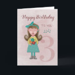 3rd Birthday Girl Singing Happy Birthday Card<br><div class="desc">Little choir girl singing "Happy Birthday to you" with eyes closed and mouth open wide. Girl has flowers in her hands and a ribbon in her blonde hair. Distressed pink background and subtle 3 on the front symbolising her 3rd birthday.</div>