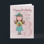 3rd Birthday Girl Singing Happy Birthday Card<br><div class="desc">Little choir girl singing "Happy Birthday to you" with eyes closed and mouth open wide. Girl has flowers in her hands and a ribbon in her blonde hair. Distressed pink background and subtle 3 on the front symbolising her 3rd birthday.</div>
