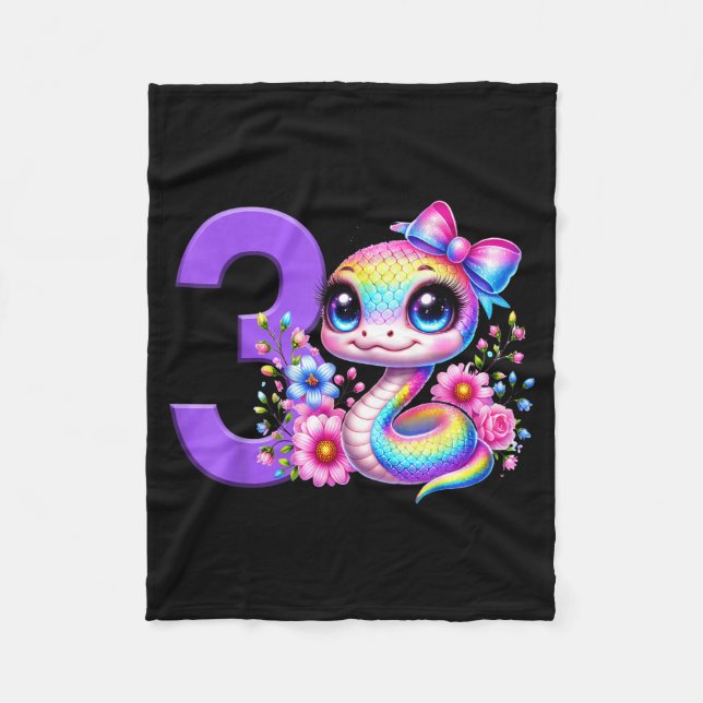 3rd Birthday Girl Snake Party Rainbow Coquette Bow Fleece Blanket (Front)