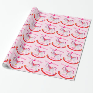 3rd birthday girls rocking horse art gift wrap
