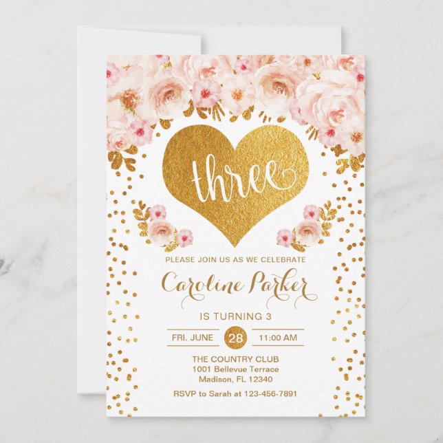 3rd Birthday - Gold Heart White Pink Floral Invitation (Front)