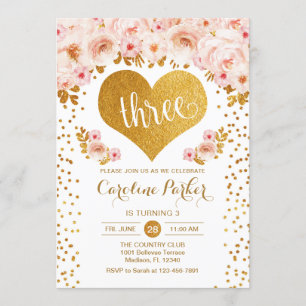 3rd Birthday - Gold Heart White Pink Floral Invitation