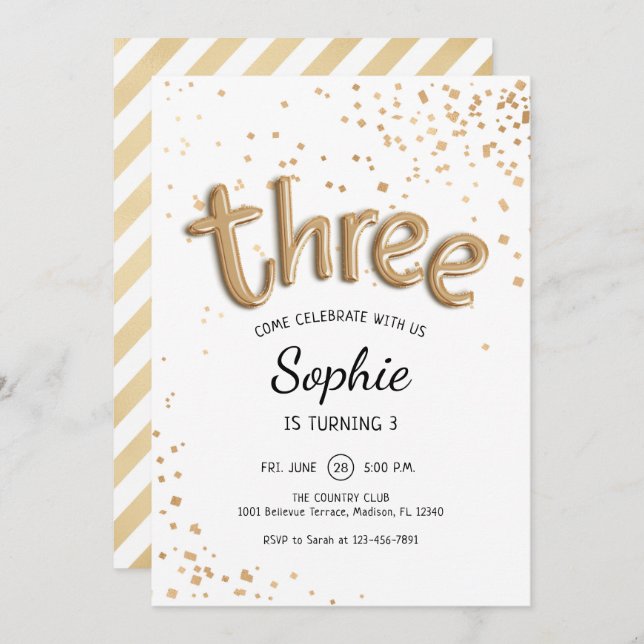 3rd Birthday - Gold White Invitation (Front/Back)