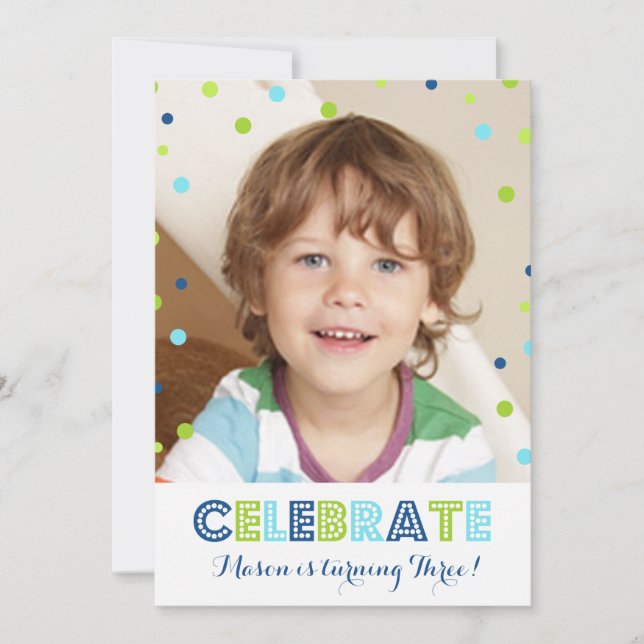 3rd Birthday Green Blue Confetti Photo Invitation (Front)