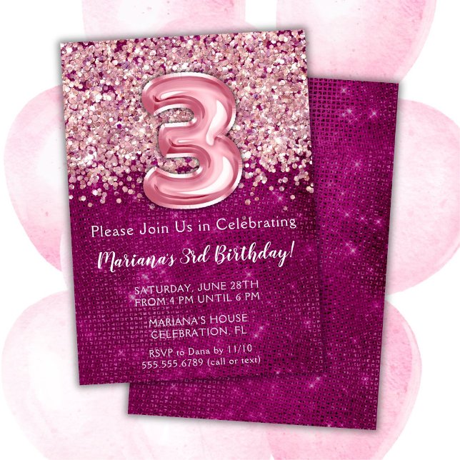 3rd Birthday Invitation Girly Magenta Pink Glitter (Creator Uploaded)