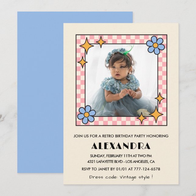 3rd birthday invitation Retro Groovy Blue Floral (Front/Back)