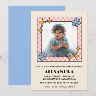 3rd birthday invitation Retro Groovy Blue Floral