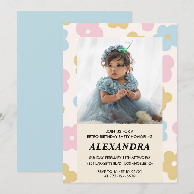 3rd birthday invitation Retro Groovy Flowers Cute (Front/Back)