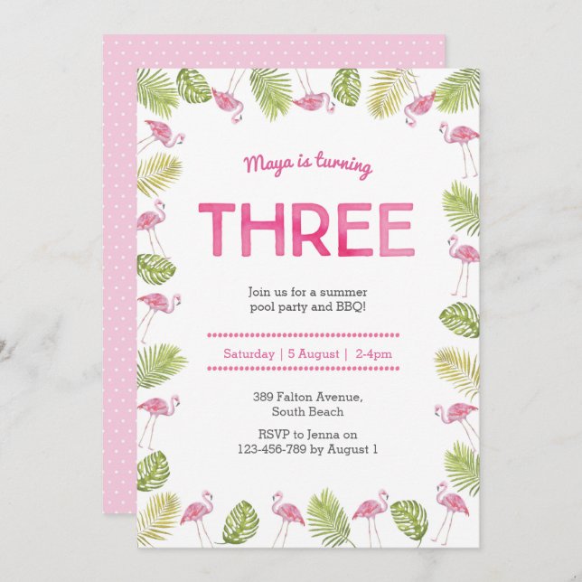 3rd Birthday Invitation | tropical flamingo (Front/Back)