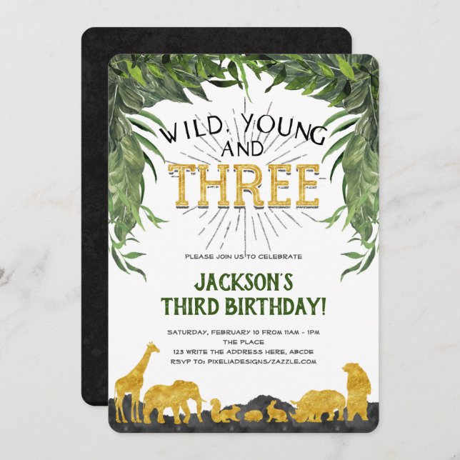 3rd birthday invitation, Wild young and three Invitation (Front/Back)