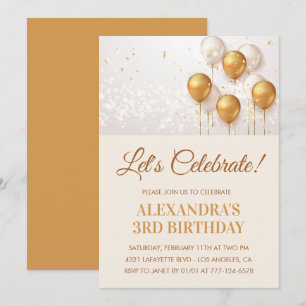 3rd birthday invitations Balloons Gold