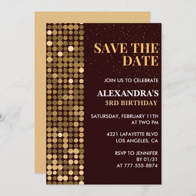 3rd birthday invitations Save the date Gold (Front/Back)