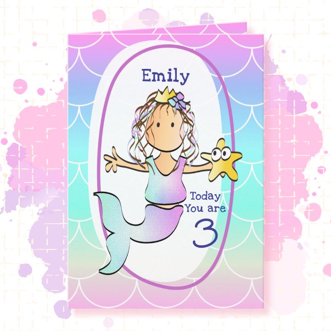 3rd Birthday Mermaid Cartoon Sweet Under the Sea Card (Creator Uploaded)