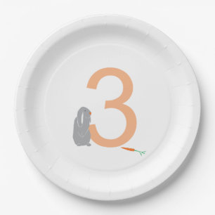 3rd Birthday Modern Minimal Grey Bunny Paper Plate
