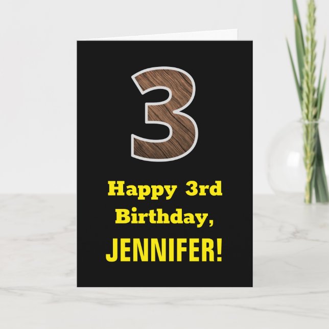 3rd Birthday: Name, Faux Wood Grain Pattern "3" Card (Front)