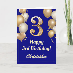 3rd Birthday Navy Blue and Gold Balloons Confetti Card