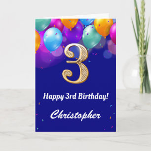 3rd Birthday Navy Blue and Gold Colourful Balloons Card