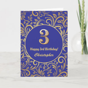 3rd Birthday Navy Blue and Gold Floral Pattern Card