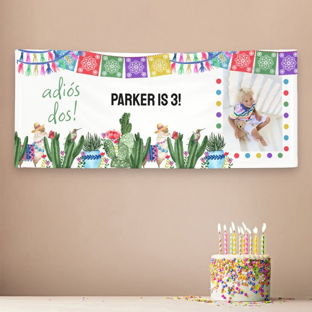 3rd Birthday Party Adios Dos Mexican Fiesta Photo Banner (3rd Birthday Banner with photo and Mexican Fiesta theme of cactus and papel picado .. adios dos!)
