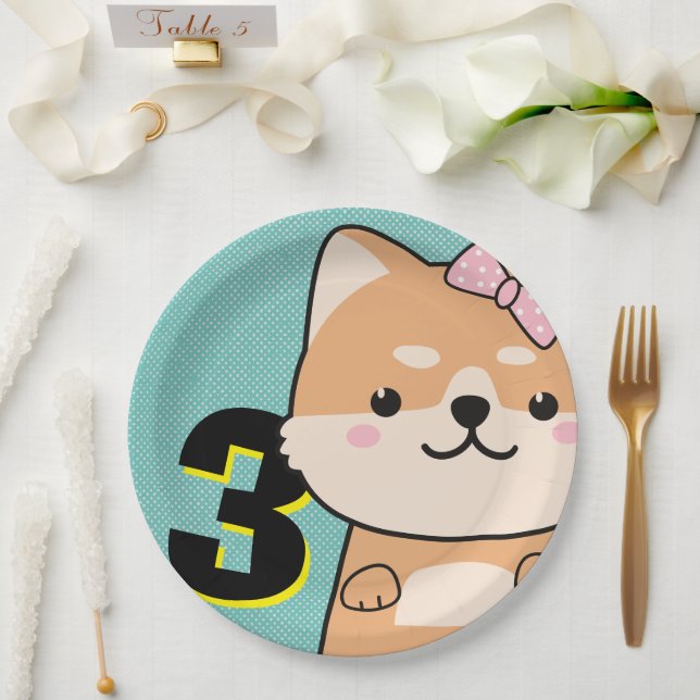 3rd Birthday Party Cute Shiba Inu Puppy Angel Paper Plate (Wedding)