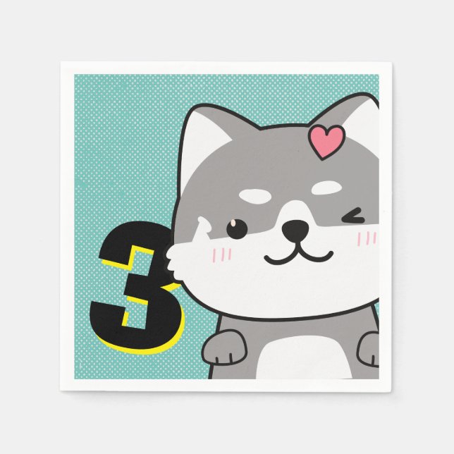 3rd Birthday Party Cute Shiba Inu Puppy Kiki Napkin (Front)
