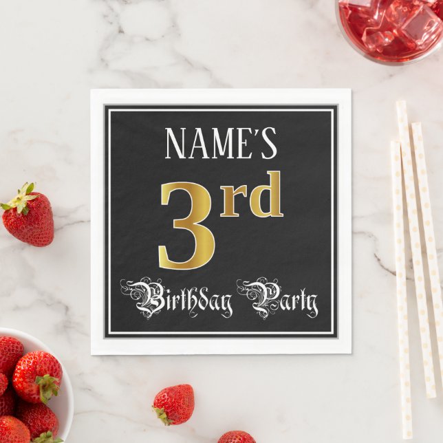 3rd Birthday Party — Fancy Script, Faux Gold Look Napkin (Insitu)