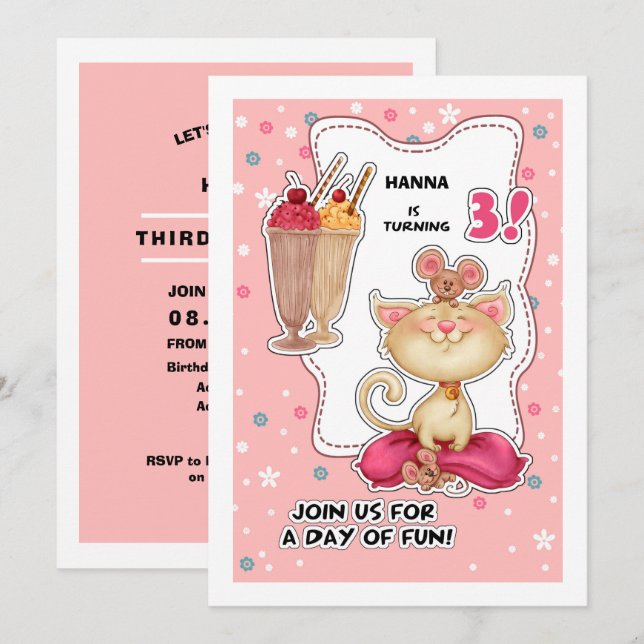 3rd Birthday Party | Fun Kitty & Mice Custom Invitation (Front/Back)