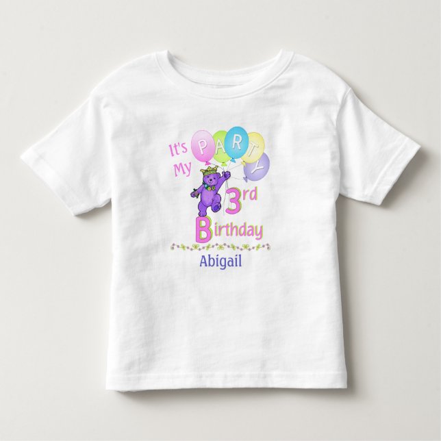 3rd Birthday Party Girl Princess Bear Toddler T-Shirt (Front)