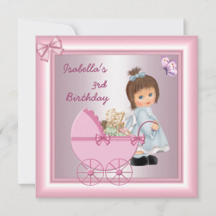 3rd Birthday Party Pretty Pink Girl Invitation