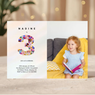 3rd Birthday Pastel Pink Florals Photo Invitation