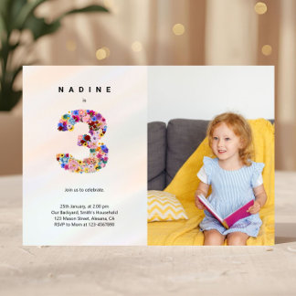 3rd Birthday Pastel Pink Florals Photo Invitation