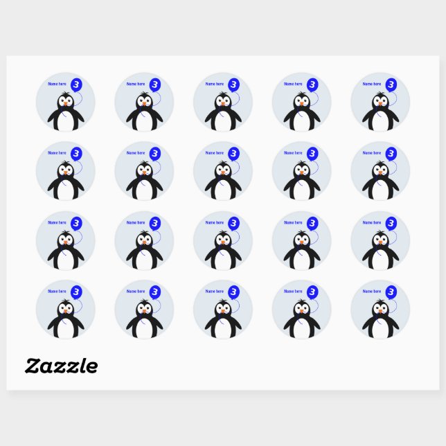 3rd birthday penguin add name blue classic round sticker (Sheet)