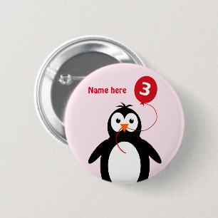 3rd birthday penguin add name pink 6 cm round badge