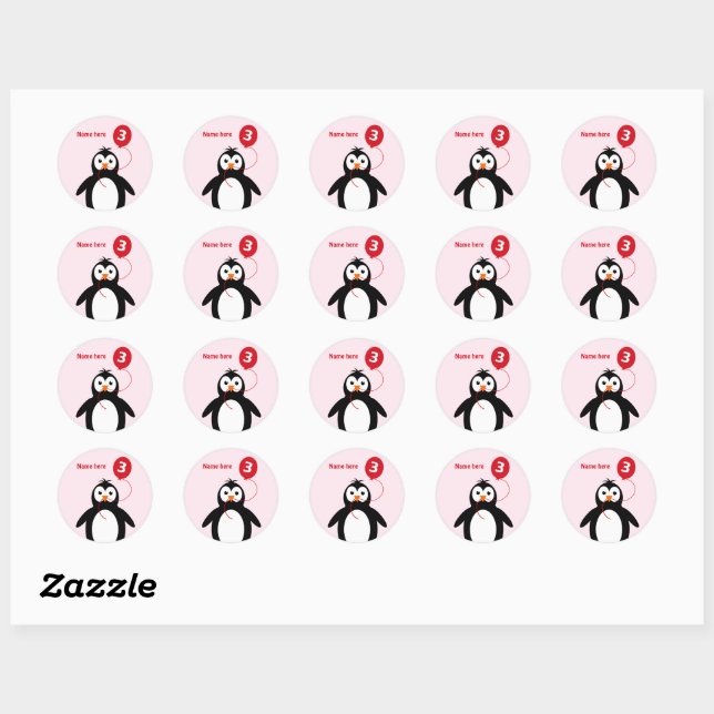 3rd birthday penguin add name pink classic round sticker (Sheet)