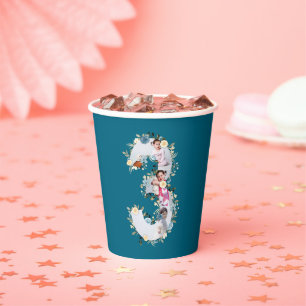 3rd Birthday Photo Collage Blue Yellow Flower Teal Paper Cups