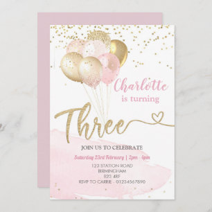 3rd Birthday Pink and Gold Balloons Invitation