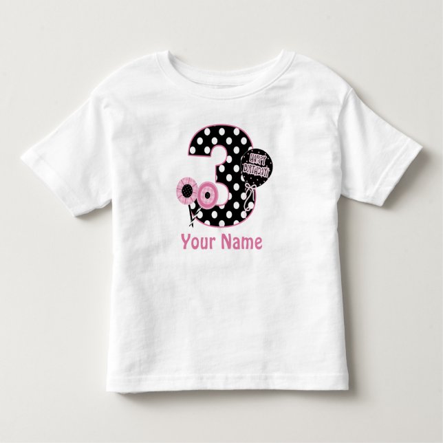 3rd Birthday Pink Black Dots Personalised T-shirt (Front)