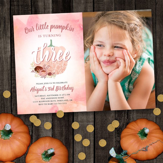 3rd Birthday Pumpkin Rose Gold Glitter Photo Invitation (Creator Uploaded)