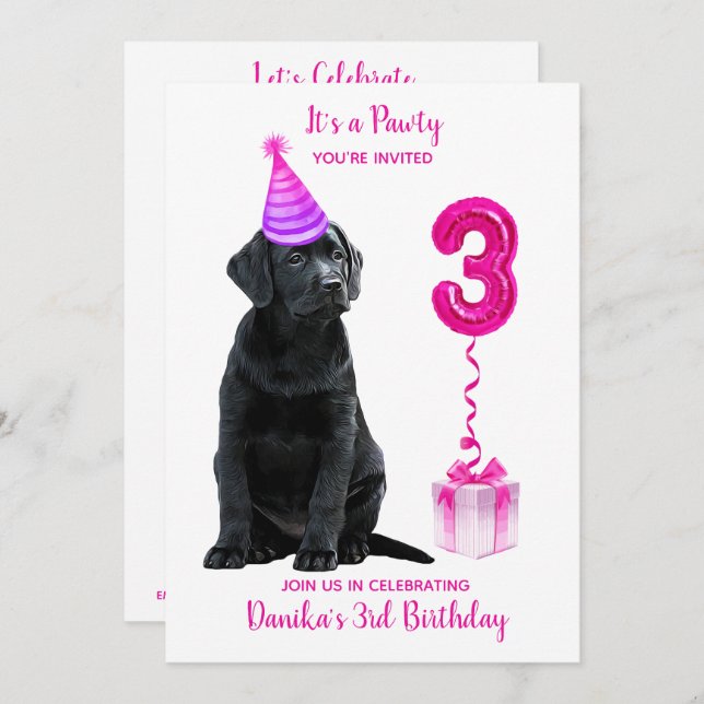 3rd Birthday Puppy Theme- Cute Dog Pink Girl Pawty Invitation (Front/Back)