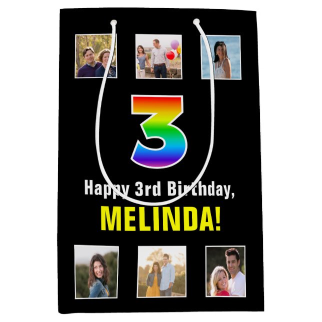 3rd Birthday: Rainbow “3“, Custom Photos & Name Medium Gift Bag (Front)