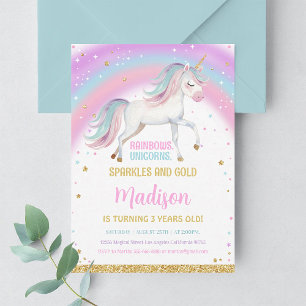 3rd Birthday Rainbow Pastel Unicorn Invitation