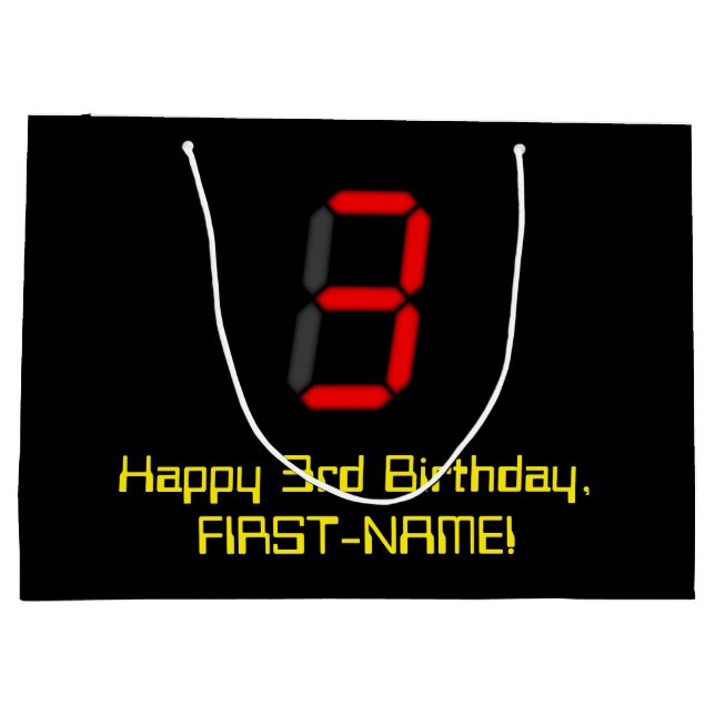 3rd Birthday: Red Digital Clock Style "3" + Name Large Gift Bag (Back)